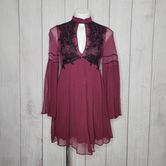 Free People Sheer Bell Sleeve Mini Dress w/ Sequins and Embroidery, size Small - Picture 2 of 10